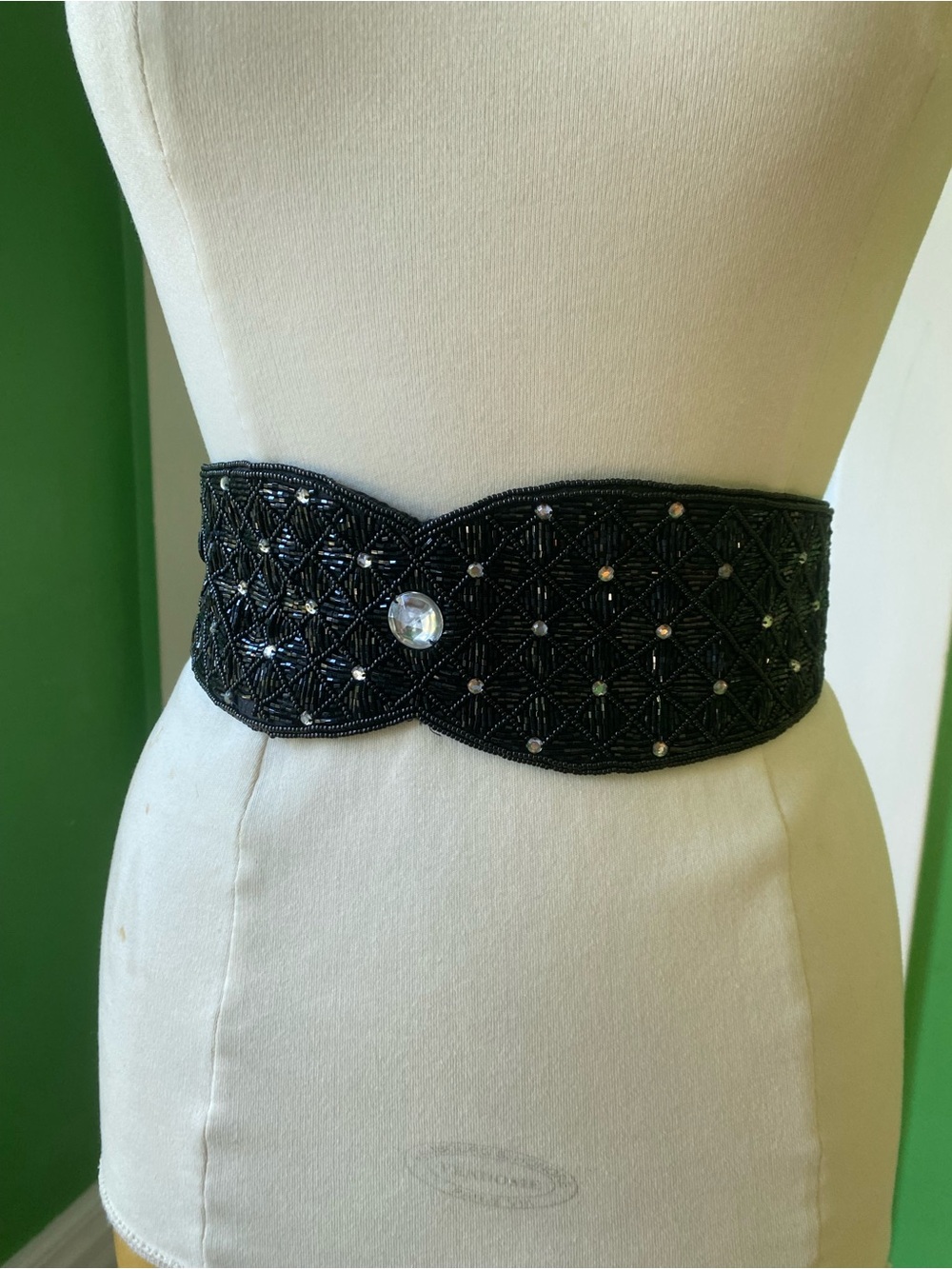Vintage Carole M Studio Beaded Waist satin Belt with Crystal Accent
